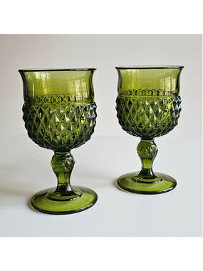 Set of 2 Indiana Glass Diamond Point Wine Glasses Dark Avocado Green Vintage 6"